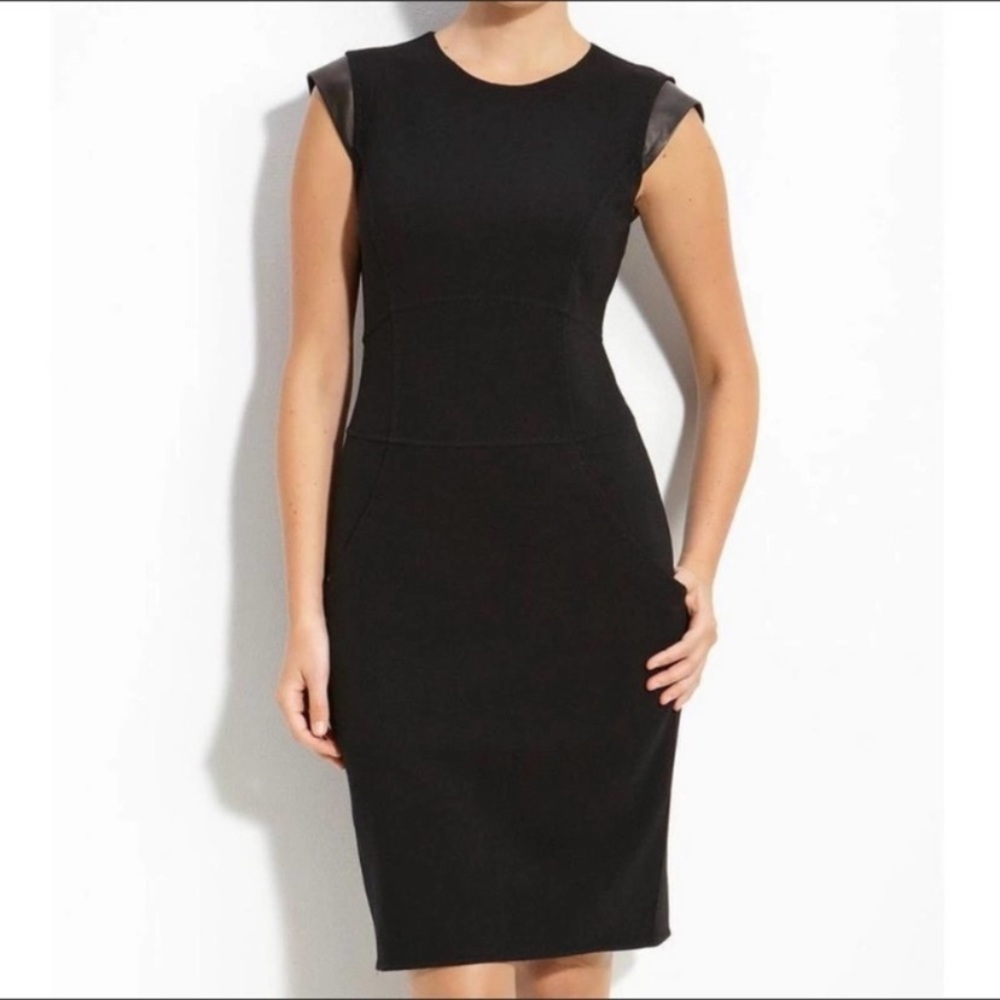 Lafayette 148 dress size 8 black wool and leather trim beautiful style …
